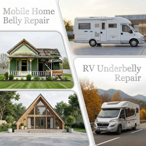 Mobile homes and RVs with focus on repairs using RV Underbelly Tape 4In By 20Ft Corrugated Waterproof Flex Belly Material.