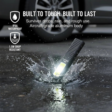Ultra Slim EDC Flashlight With 800 Lumen Output splashing in water, waterproof design, aircraft-grade aluminum body, outdoor use