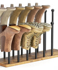 8 Pair Boot Rack And Shoe Organizer Tall Free Standing Stand With Wood Base And Metal Frame filled with boots