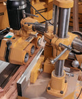 Heavy Duty Rock Solid 3 Roll Power Feeder With 1 HP Motor And 460 Volt 3 Phase System For Effortless Material Feed showing setup with wood utilization.