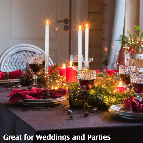 36 Piece Flameless Taper Candles Set, 10 Inch Battery Operated LED Tapers With Realistic 3D Wick on elegant holiday table