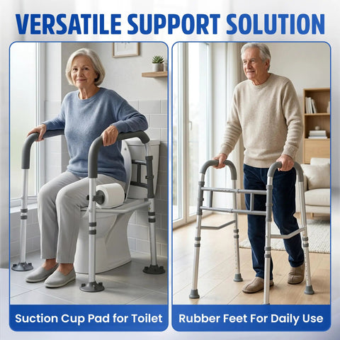 Built Tough Toilet Safety Rail Rated To 350 Pounds, Adjustable Grab Bar For Seniors And Handicap Users, Foldable Non Slip Frame With Heavy Duty C Clamps And Suction Cups, Dead Steady Support That Just Works with suction cup pad in bathroom and rubber feet for daily use.