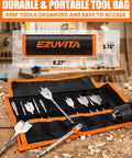 Heavy Duty 14 Piece Spade Drill Bit Set With Quick Change Extension in a portable tool bag organized for woodworking tasks.