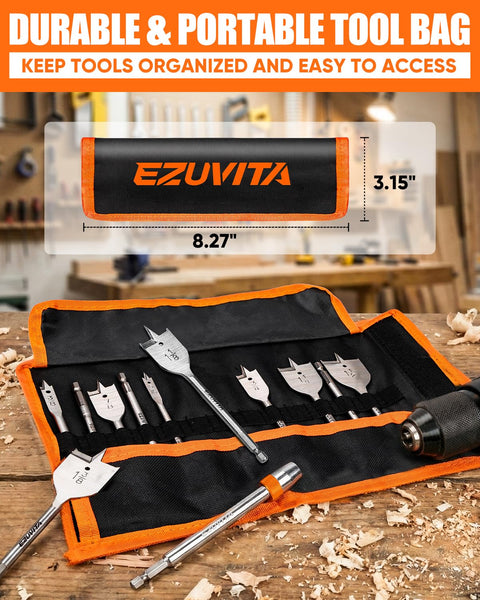 Heavy Duty 14 Piece Spade Drill Bit Set With Quick Change Extension in a portable tool bag organized for woodworking tasks.
