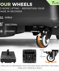 Beefy 100 lb fillable umbrella base with 4 wheels and dual locks, emphasizing ease of movement and secure placement, black.