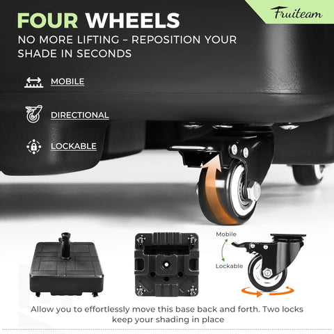 Beefy 100 lb fillable umbrella base with 4 wheels and dual locks, emphasizing ease of movement and secure placement, black.