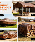 Heavy Duty Waterproof Tarp 12x20 Feet Ultra Thick 16 Mil HDPE Brown used for covering a boat, car, and firewood outdoors.