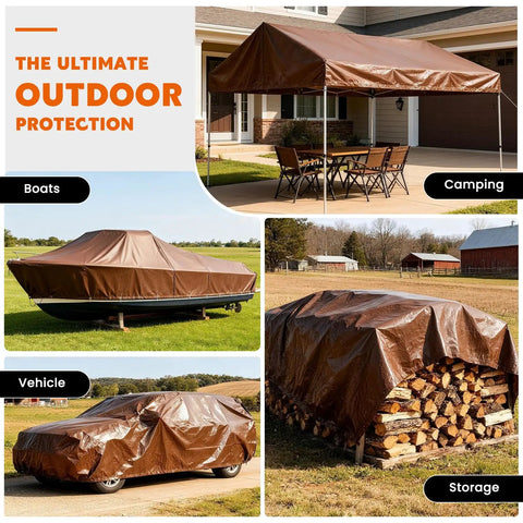 Heavy Duty Waterproof Tarp 12x20 Feet Ultra Thick 16 Mil HDPE Brown used for covering a boat, car, and firewood outdoors.