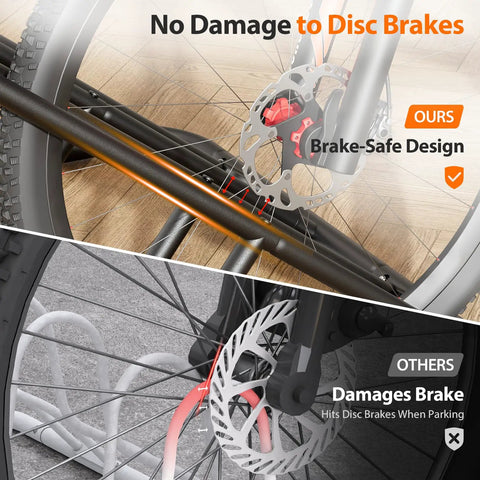 Close-up of bike disc brake in a Bike Floor Storage Rack For Garage And Outdoor Parking, Sturdy Steel Stand With 3 Slot Wheel Holders.