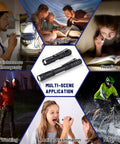 Mini LED Flashlight With Clip, Pocket Sized And Water Resistant, shown in various usage scenarios like reading and camping.