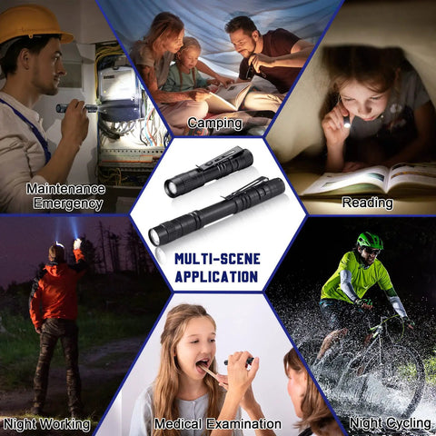 Mini LED Flashlight With Clip, Pocket Sized And Water Resistant, shown in various usage scenarios like reading and camping.