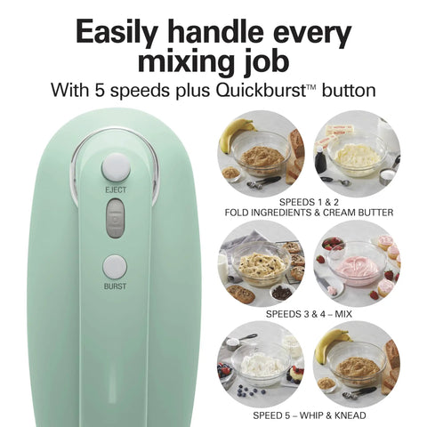 Retro 5 Speed Electric Hand Mixer With SmartBoost Tech And Powerful Dc Motor Designed For Effortless Mixing Whipping Dough And Creating Delicious Homemade Desserts This Slick Kitchen Gadget Rocks Smooth Operation For All Your Baking Needs. showing control buttons and mixing process.