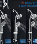 High Pressure Shower Head Combo With 82 Modes 3 Way Handheld And Showerhead 25.75 Inch Adjustable Drill Free Stainless Steel