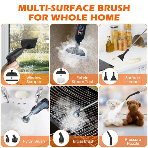 Multi-Surface Brush for Whole Home, featuring various tools for cleaning windows, fabric, surfaces, and more.