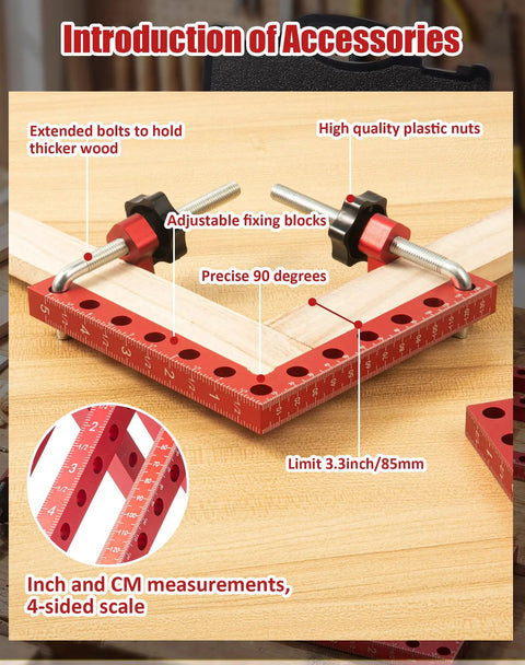 8Pack Corner Clamps For Woodworking 90 Degree Right Angle Squares showing extended bolts and measurements