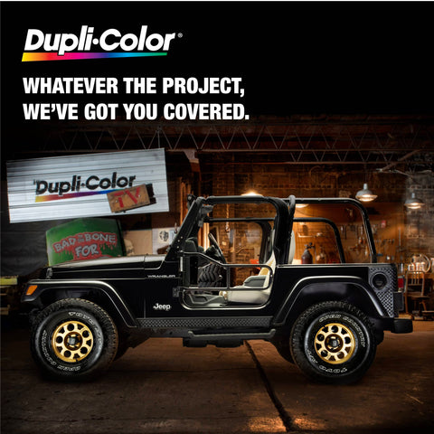 Black Jeep with doors removed in a garage setting highlighting Dupli-Color Scratch Fix All In One Exact Match Automotive Touch Up Paint Marker