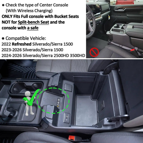 Full Size Console Tray With 2-Layer Storage For 2022-2026 Silverado Sierra 1500 And 2024-2026 2500HD/3500HD in truck interior