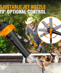 Man using Ground Level Gutter Cleaning Kit For Home Use With 40V Cordless Leaf Blower No Ladder Needed 580 CFM And 180 MPH Brushless 2 Speed Motor Includes 2 Batteries And Charger 55 Inch Pole Extension For Easy Gutter Debris Cleanup, focusing on adjustable nozzle control, cleaning leaves from a gutter.