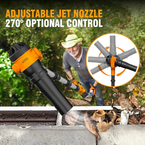 Man using Ground Level Gutter Cleaning Kit For Home Use With 40V Cordless Leaf Blower No Ladder Needed 580 CFM And 180 MPH Brushless 2 Speed Motor Includes 2 Batteries And Charger 55 Inch Pole Extension For Easy Gutter Debris Cleanup, focusing on adjustable nozzle control, cleaning leaves from a gutter.