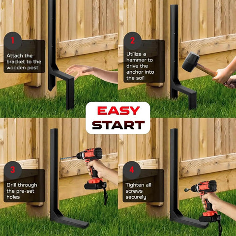 Installation steps for Heavy Duty 45 Degree Angle Brackets Post Anchor Ground Spike Kit With All Hardware for Gazebos Treehouses Patios.