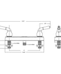 Technical diagram of Mobile Home Shower Valve Kit With Chrome Finish Non Metallic Two Handle 8 Inch Valve Includes Matching Shower Head Arm And Flange 3 Hole Installation And Quarter Turn Temperature Control.