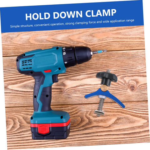 Woodworking T Slot Clamp Quick Release Hold Down Tool with cordless drill on a wooden surface