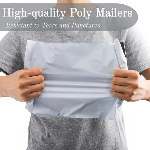 Person stretching 200 Pack Poly Mailers With Four Assorted Sizes 10 By 6 Inches, 11.8 By 7.8 Inches, 13.7 By 9.8 Inches, And 16.6 By 11.4 Inches Waterproof Tear Resistant White Shipping Envelopes For Clothes Books And More