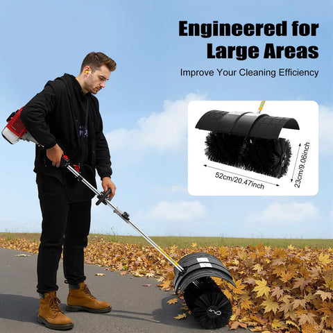 Zero Sweat Cleanup With This Gutsy 52cc Two Stroke Gas Powered Walk Behind Lawn Sweeper in use on a leaf-strewn pathway.