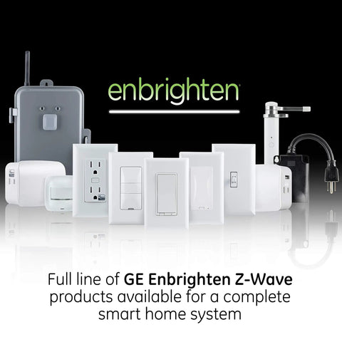Various GE Enbrighten Z-Wave products, including Z Wave Smart Rocker Light Switch With QuickFit And SimpleWire, 3 Way Ready.