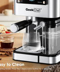 Home Barista Espresso Machine With 20 Bar Pressure And Integrated Milk Frother For Silky Cappuccino in an easy to clean setting.