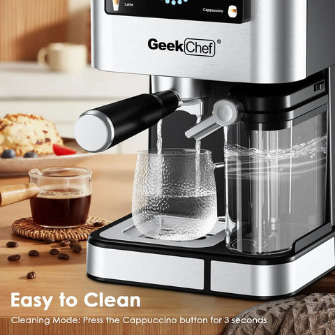 Home Barista Espresso Machine With 20 Bar Pressure And Integrated Milk Frother For Silky Cappuccino in an easy to clean setting.