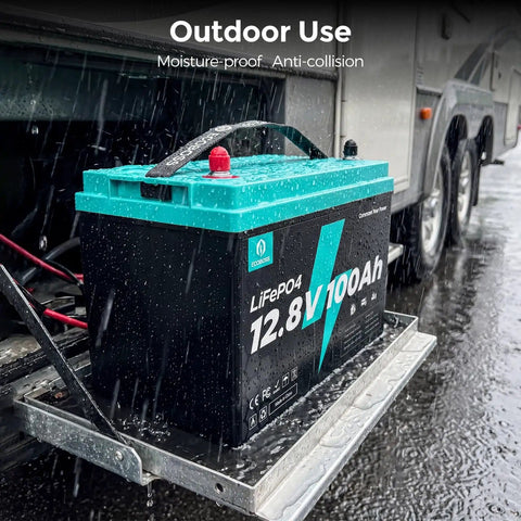 12V 100Ah LiFePO4 Deep Cycle Battery Group 31 With 120A BMS on RV step in rain