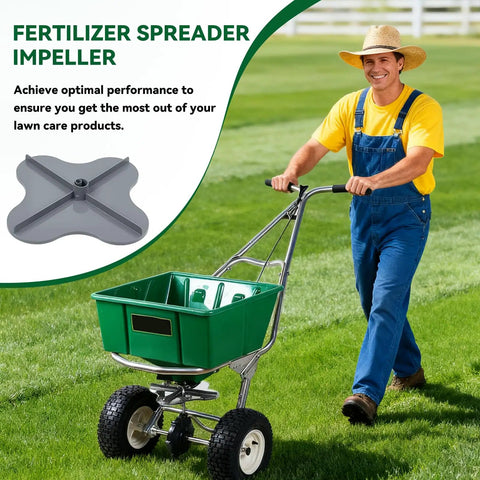 Gardener using spreader with Heavy Duty Spreader Impeller Replacement for Lawn Care Broadcast Spreaders built to last