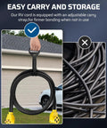 Heavy Duty 50 Amp RV Extension Cord 10 Feet NEMA 14 50P To 14 50R Copper Wire hanging outdoors with yellow ends