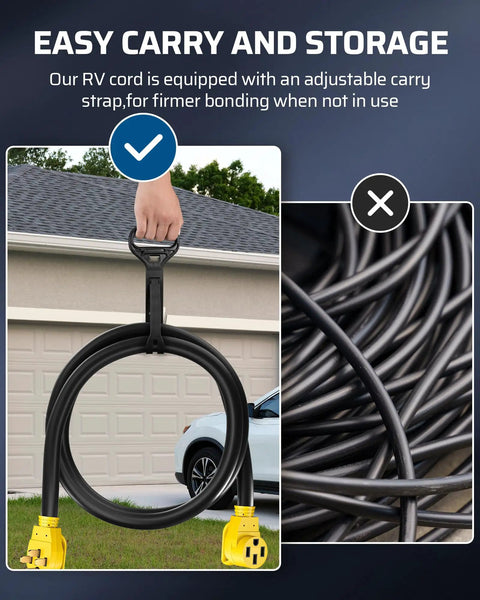 Heavy Duty 50 Amp RV Extension Cord 10 Feet NEMA 14 50P To 14 50R Copper Wire hanging outdoors with yellow ends