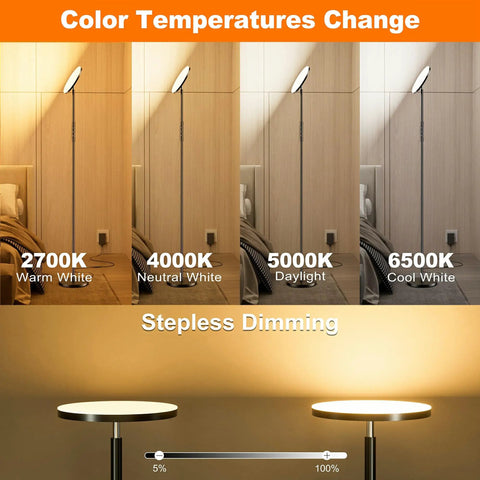 Crazy Bright LED Floor Lamp With Stepless Dimming And Remote Control, 69 Inch Torchiere Corner Lamp, color temperature options