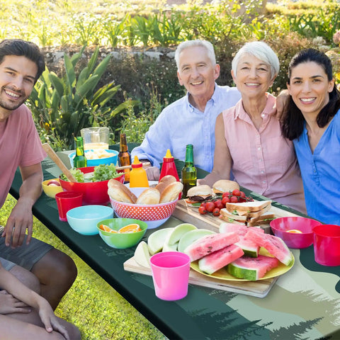 Family enjoying outdoor meal on Picnic Table Cover Set With Bench Covers, Windproof And Waterproof 72 Inch Tablecloths, green blue design.
