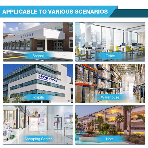 Collage of various settings including school, office, hospital, warehouse, shopping center, and hotel.