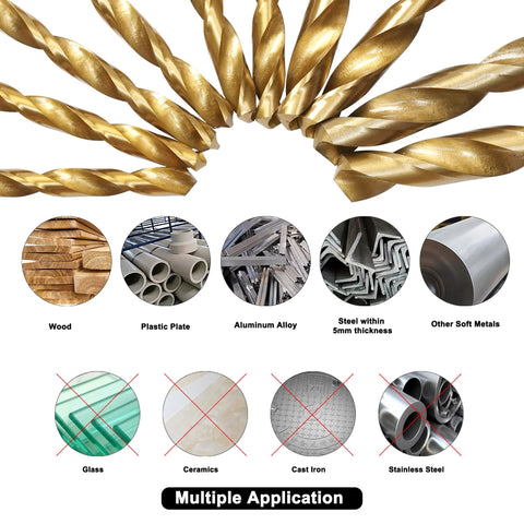 GMTOOLS 99-piece titanium-coated HSS drill bit set; gold twist bits arranged in a circle for wood, plastic and metal.