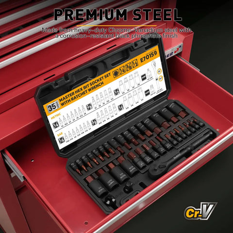 Open Pro Grade 35 Piece Hex Bit Socket Set With 1 Quarter Inch, 3 Eighths Inch And 1 Half Inch Drive Sockets in tool drawer