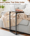 Person using C Shaped End Tables Set Of 2 That Slide Under Your Sofa, Couch Side Tables for living room, space saving, Model HET02BBR