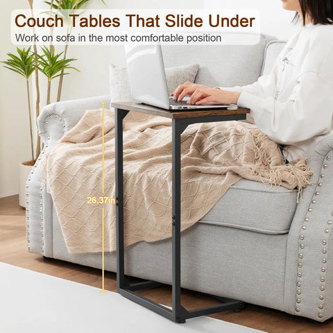 Person using C Shaped End Tables Set Of 2 That Slide Under Your Sofa, Couch Side Tables for living room, space saving, Model HET02BBR