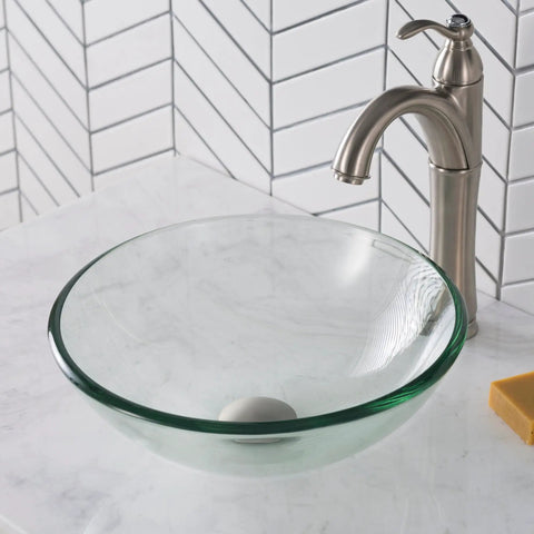 Round Clear Glass Vessel Bathroom Sink 14 Inch Above Counter For A Clean Modern Vibe With Universal Design Easy Clean Interior