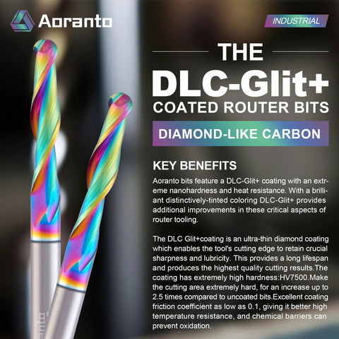 Two Aoranto DLC-Glit+ coated 1/8 in ball-nose router bits, 1/4 in shank, solid carbide, 2-flute front view.