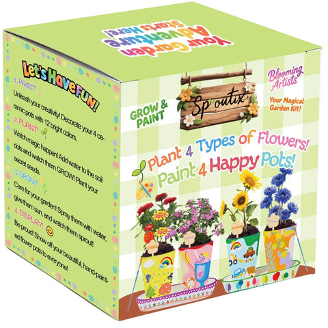 All In One Paint And Grow Flower Kit With 4 Ceramic Pots Soils Seed Packs Saucers Plant Markers Palette Brushes Tools And 12 Acrylic Colors box.