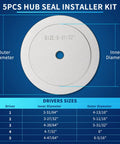 Diagram of Truck Hub Seal Installer Kit For Class 7 And Class 8 Heavy Duty Trucks With Five Size Drivers and size chart.