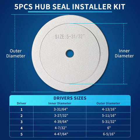 Diagram of Truck Hub Seal Installer Kit For Class 7 And Class 8 Heavy Duty Trucks With Five Size Drivers and size chart.