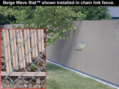 Beige Wave Slat Privacy Slats For Chain Link Fences Single Wall Bottom Locking Design Fits 4 To 8 Foot High Fences installed.