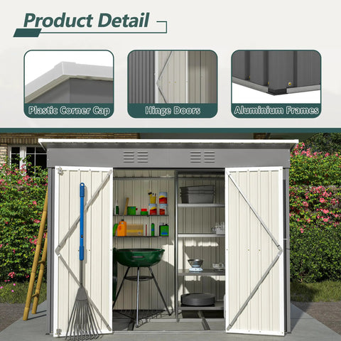 8x4 Heavy Duty Steel Outdoor Storage Shed For Backyard With Double Lockable Doors And Air Vent Perfect For Lawn Mowers Snow Blowers Bikes Grills And Backyard Gear Stash In Gray shown open with shelving and tools inside, highlighting corner caps and aluminum frames.