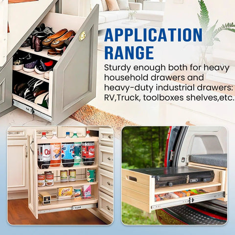 Heavy Duty Soft Close Drawer Slides Full Extension Side Mount Runners With Drop Dead Quiet Damping For Wood Cabinetry used in a kitchen and truck.